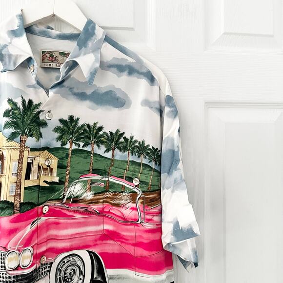 Tori Richards Vintage Hawaii Front Back Graphic Pink Cadillac Convertible Shirt - Picture 4 of 11